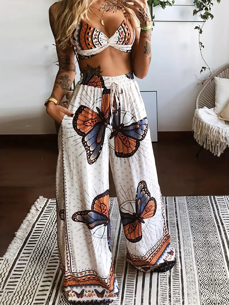 Conjunto de dos piezas con estampado de mariposas estilo boho